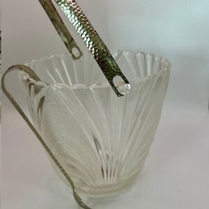 Elegant Glass Ice Bucket with Silver Tongs Vintage